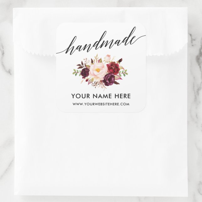 Handmade Calligraphy Burgundy Floral Small Square Sticker (Bag)
