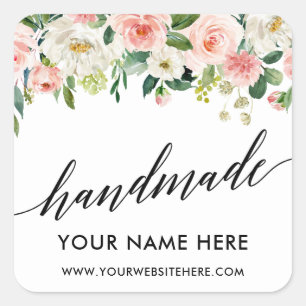 Handmade Calligraphy Pink White Floral Small Square Sticker
