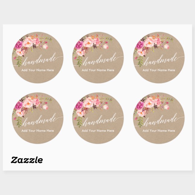 Handmade Calligraphy Round Pink Floral Kraft Classic Round Sticker (Sheet)