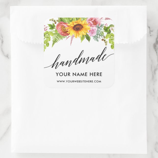 Handmade Calligraphy Sunflower Floral Small Square Sticker (Bag)