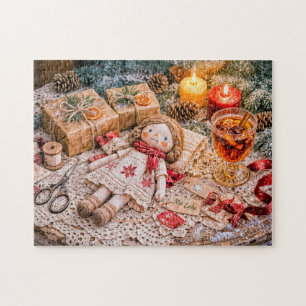 Handmade Cloth Doll with Christmas Gifts and Cosy Jigsaw Puzzle