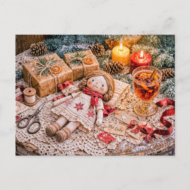 Handmade Cloth Doll with Christmas Gifts and Cozy  Postcard (Front)