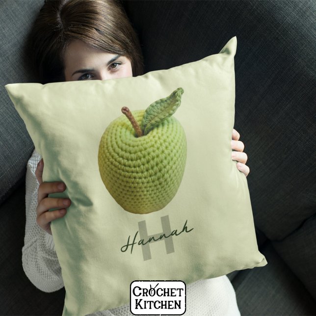 Handmade Craft Green Crochet Apple Monogram Name  Cushion (Creator Uploaded)