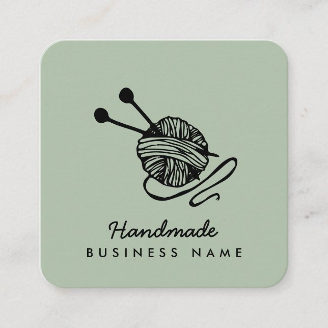 Handmade crafts modern knitting minimalist green square business card (Front)