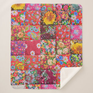 Handmade Floral Patchwork Quilt Background Sherpa Blanket