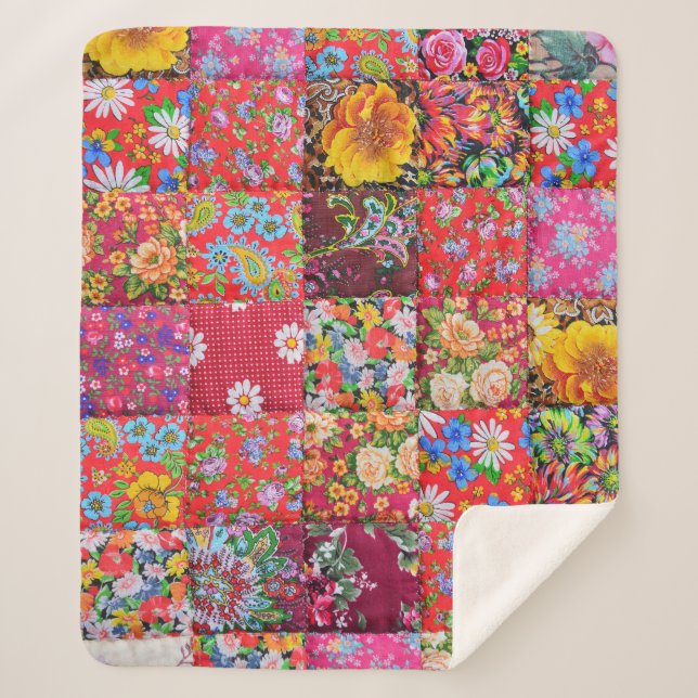 Handmade Floral Patchwork Quilt Background Sherpa Blanket (Front)