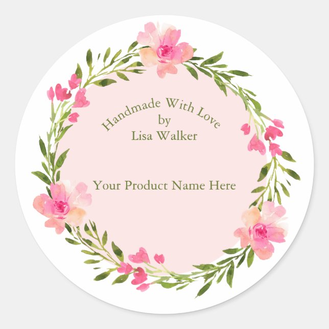 Handmade Item Label Wreath & Light Pink Sticker (Front)