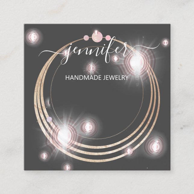 Handmade Jewellery Custom Logo Gold Rose Grey Square Business Card (Front)