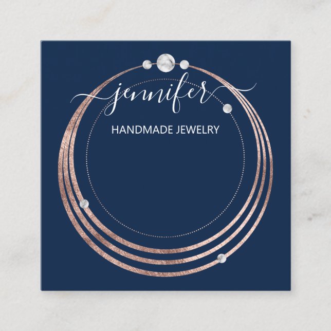Handmade Jewellery Custom Logo Rose Gold Blue Navy Square Business Card (Front)