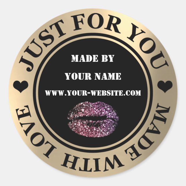 Handmade Just For You Made Love Gold Glitter Kiss Classic Round Sticker (Front)