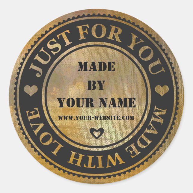 Handmade Just For You Made With Love Gold Black Classic Round Sticker (Front)