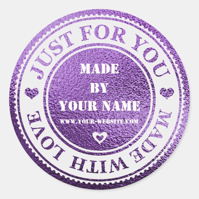 Handmade Just For You Made With Love Purple White Classic Round Sticker (Front)