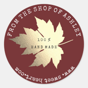 Handmade Logo Name Maple Leaf Web Burgundy Gold Classic Round Sticker