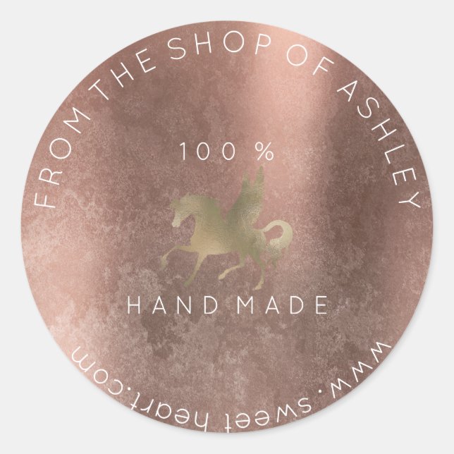 Handmade Logo Name Web Grungy Unicorn Rose Gold Classic Round Sticker (Front)