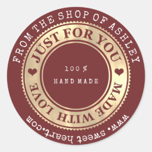 Handmade Logo Name Web Heart Love Burgundy Gold Classic Round Sticker