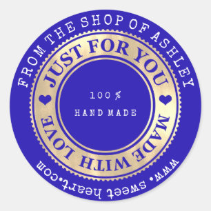 Handmade Logo Name Web Heart Love Cobalt Blue Gold Classic Round Sticker