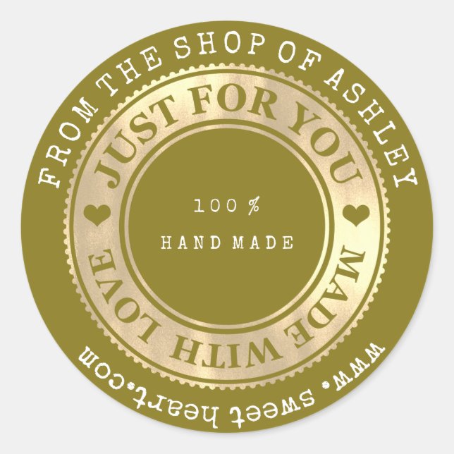 Handmade Logo Name Web Heart Love Mustard Gold Classic Round Sticker (Front)