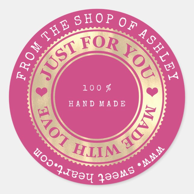 Handmade Logo Name Web Heart Love Pink Gold Classic Round Sticker (Front)