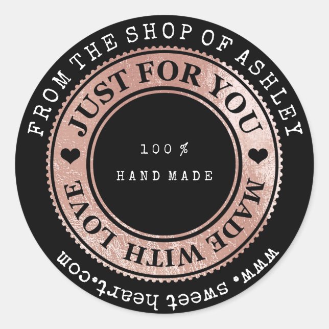 Handmade Logo Name Web Heart Love Rose Gold Wow Classic Round Sticker (Front)
