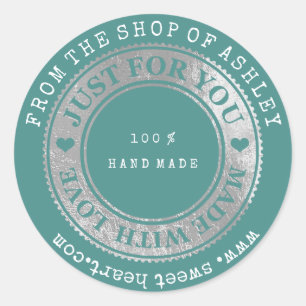 Handmade Logo Name Web Heart Love Rose Silver Teal Classic Round Sticker