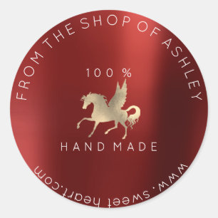 Handmade Logo Name Web Horse Burgundy Gold Classic Round Sticker