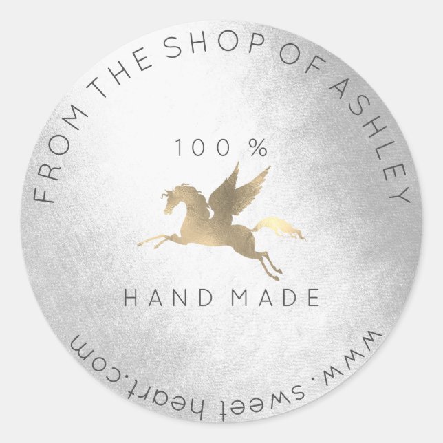 Handmade Logo Name Web Pegasus Horse Silver Gold Classic Round Sticker (Front)