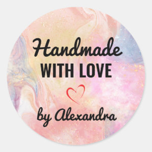 Handmade love pastel rainbow marble glitter classic round sticker