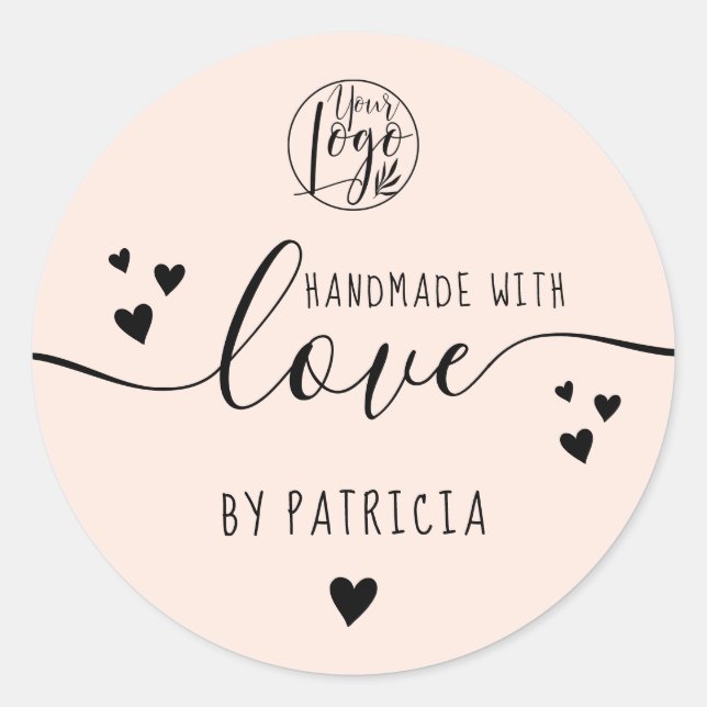 Handmade love script logo hearts pastel blush pink classic round sticker (Front)