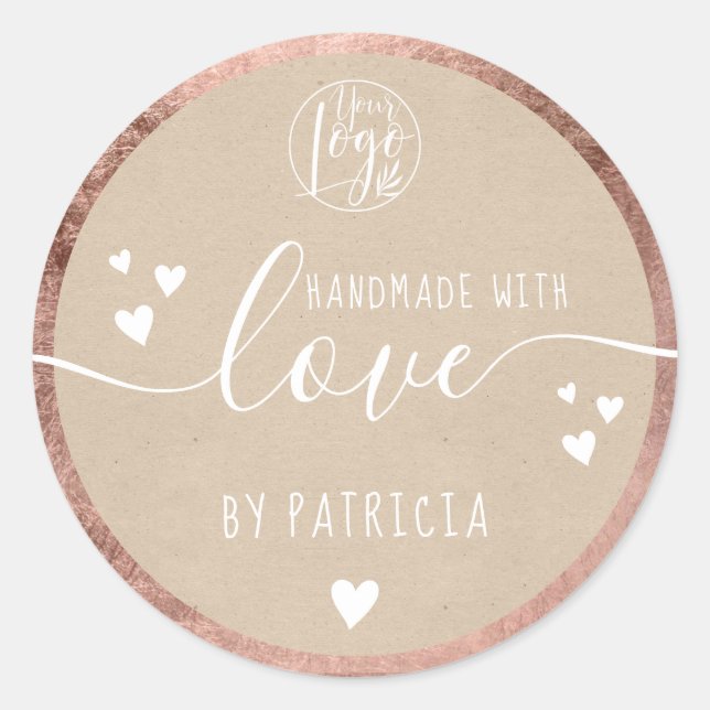 Handmade love script logo hearts rose gold kraft classic round sticker (Front)