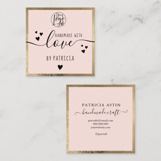 Handmade love typography gold blush pink logo square business card (Front/Back)