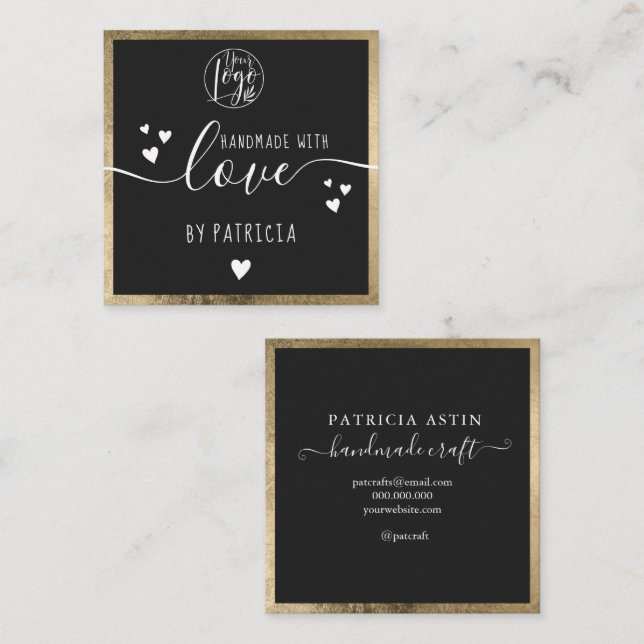 Handmade love typography modern gold black logo square business card (Front/Back)