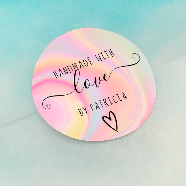 Handmade love typography pastel rainbow marble classic round sticker (Creator Uploaded)