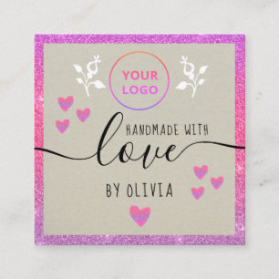 Handmade love typography Pink Glitter Ombre kraft  Square Business Card