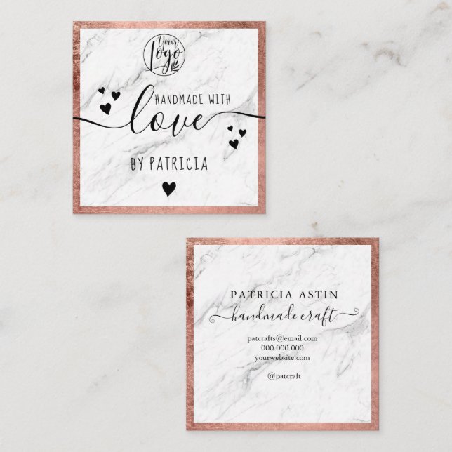 Handmade love typography rose gold marble logo square business card (Front/Back)