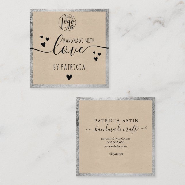 Handmade love typography silver kraft square business card (Front/Back)
