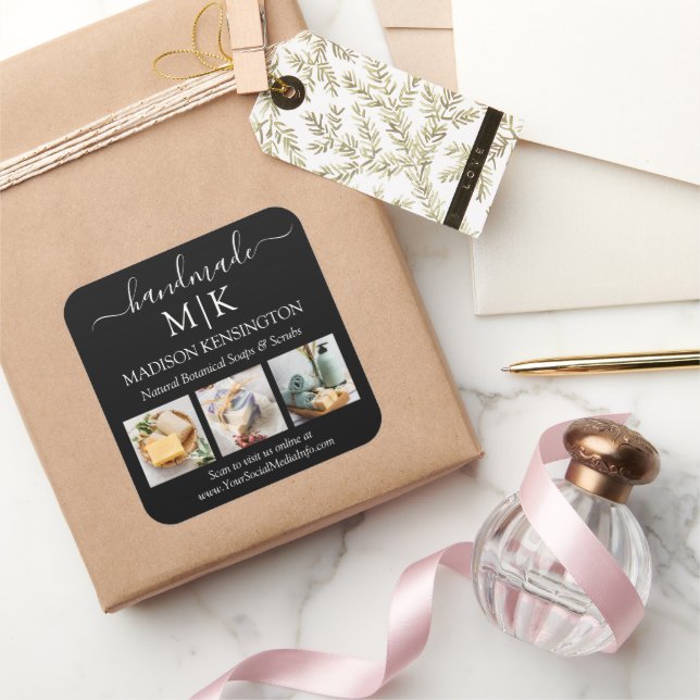 Handmade Monogram or Add Logo Business 3 Photo Square Sticker (Gifting)