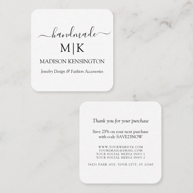 Handmade Monogram or Add Logo Business Insert Card (Front/Back)