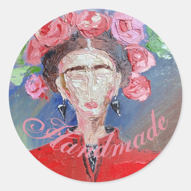 Handmade or Thank you Frida Kahlo Original Flower Classic Round Sticker (Front)
