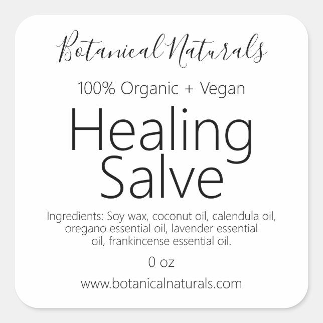 Handmade Organic Pure Vegan Healing Balm Labels (Front)