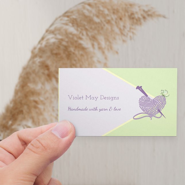 Handmade Pastel Green Knitting or Yarn Craft Business Card (Horizontal Business Card with yarn and knitting needles)