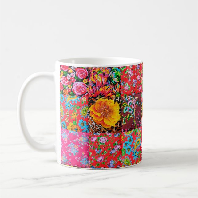 Handmade patchwork quilt with floral pattern as ba coffee mug (Left)