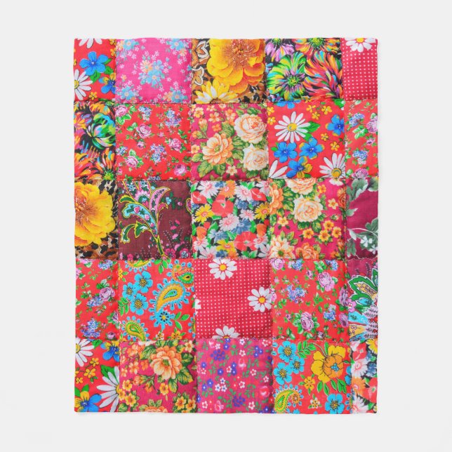 Handmade patchwork quilt with floral pattern as ba fleece blanket (Front)