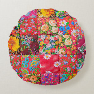 Handmade patchwork quilt with floral pattern as ba round cushion