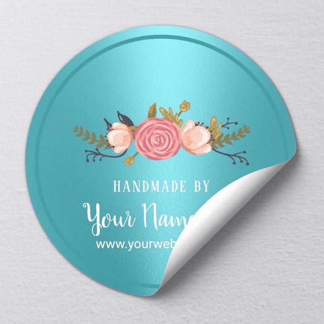 Handmade Product Floral Turquoise Business Classic Round Sticker (Creator Uploaded)