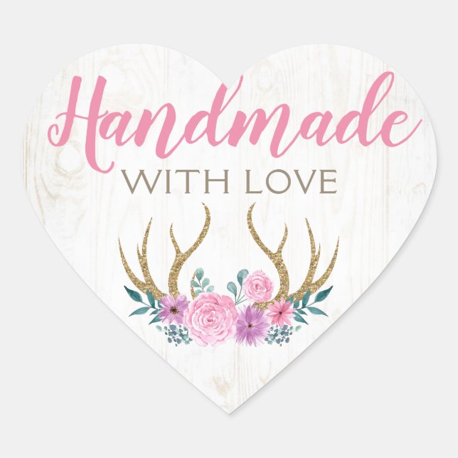 Handmade Rustic Wood & Watercolor Floral Antlers Heart Sticker (Front)