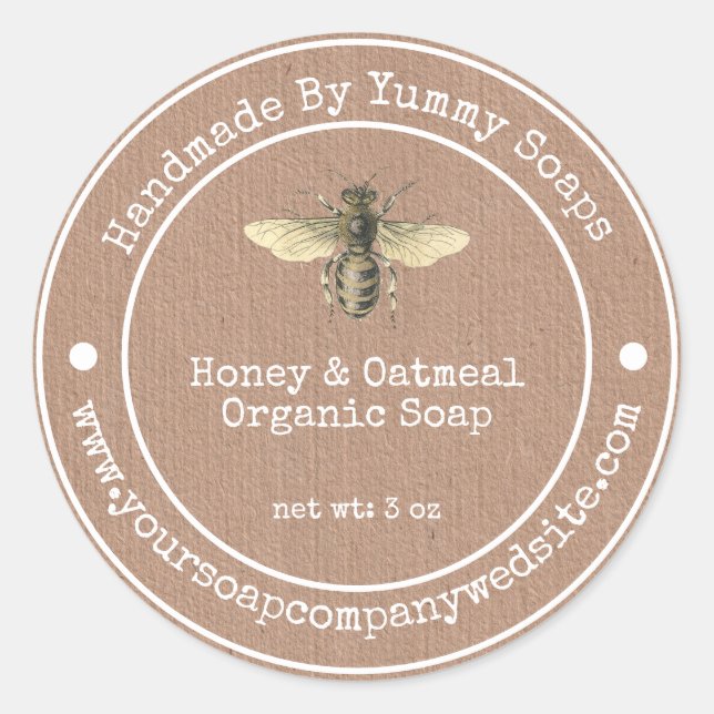 Handmade Soap Label |Faux Kraft Paper Honey Bee (Front)