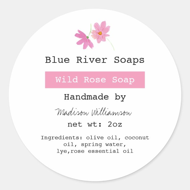 Handmade Soap Pink Floral with Ingredients list Classic Round Sticker (Front)