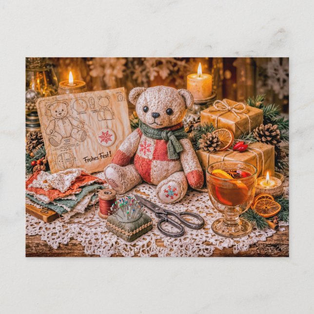 Handmade Teddy Bear with Christmas Gifts and Cozy  Postcard (Front)