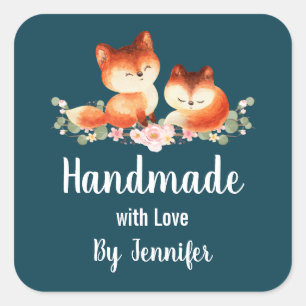 Handmade with Love 2 Cute Little Red Foxes Square Sticker