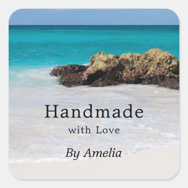 Handmade with Love Azure Ocean Sandy Beach Photo Square Sticker (Front)